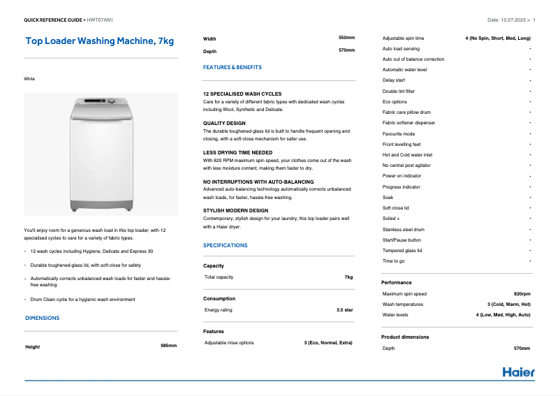 Page 1 de la notice Label énergétique Haier HWT07AN1