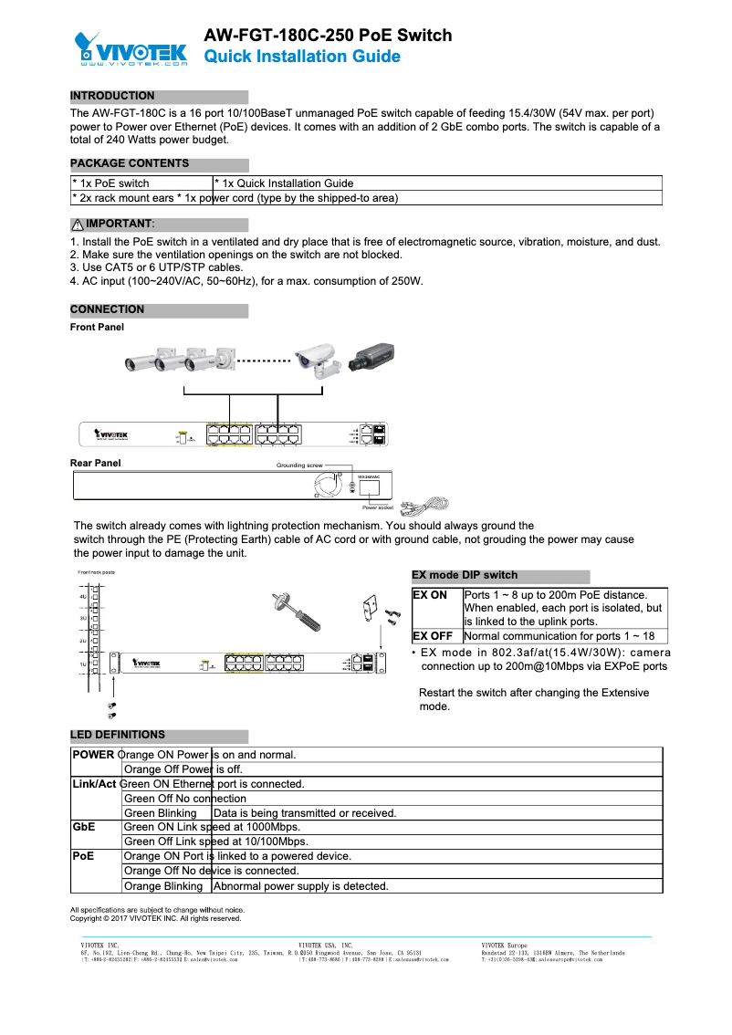 Page 1 de la notice Guide d'installation Vivotek AW-FGT-180D-250