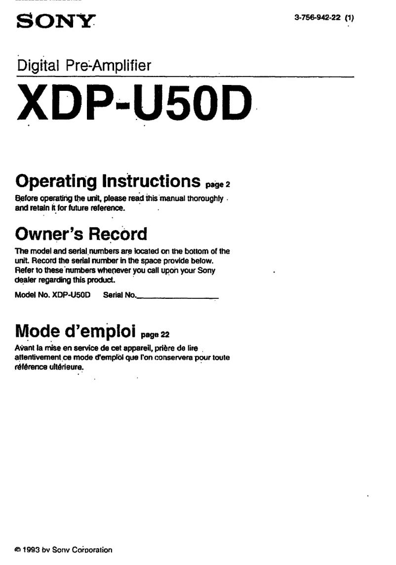 Page 1 de la notice Manuel utilisateur Sony XDP-U50D