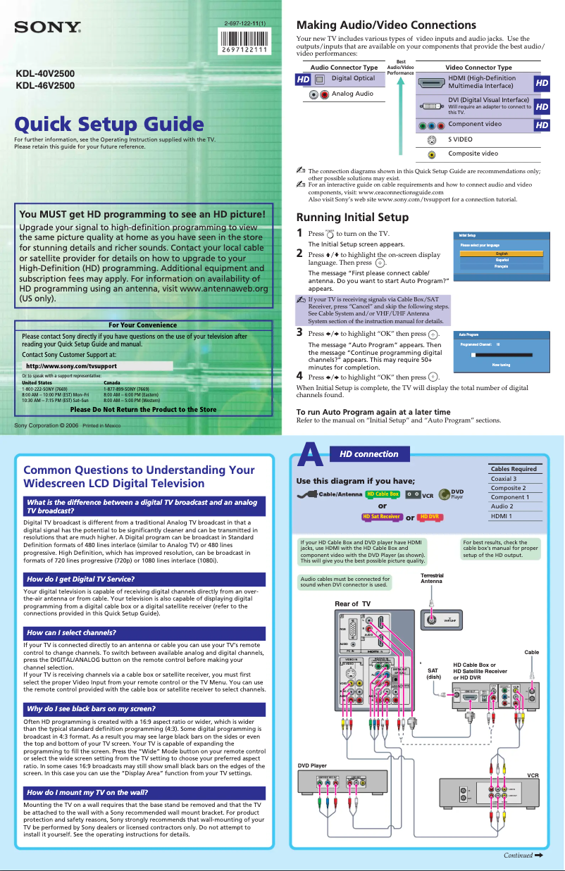 Page 1 de la notice Guide d'installation Sony Bravia KDL-46V2500