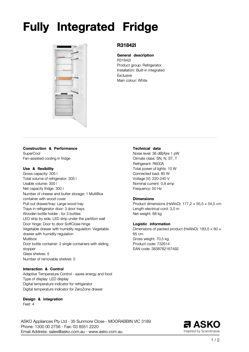 Page 1 de la notice Fiche technique Asko R31842I