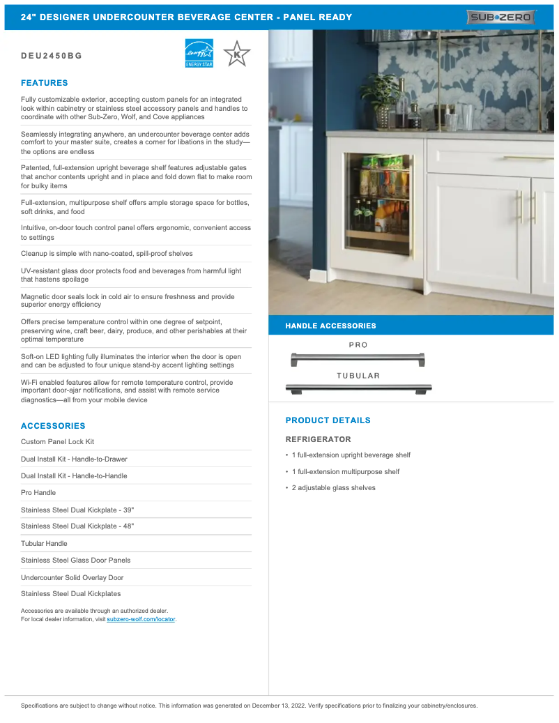 Page 1 de la notice Manuel utilisateur Sub-Zero DEU2450BG