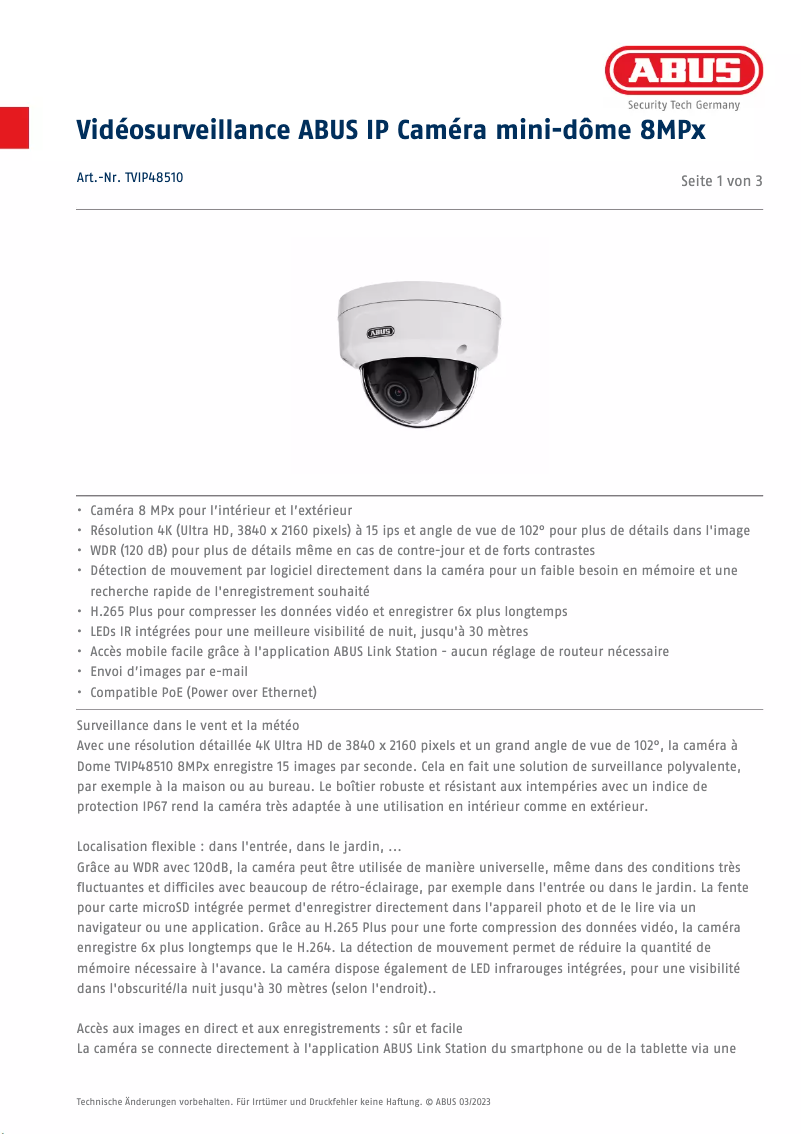 Page n°1 - Fiche technique Abus TVIP48510