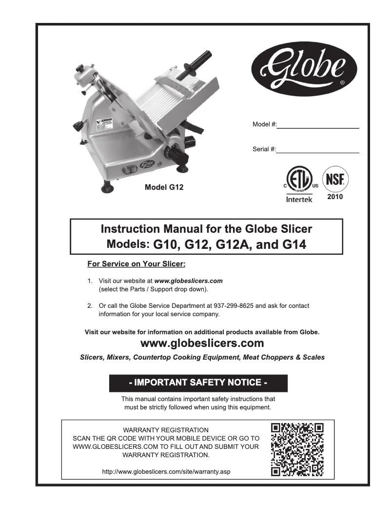 Page n°1 - Manuel d'utilisation et d'entretien Globe G12