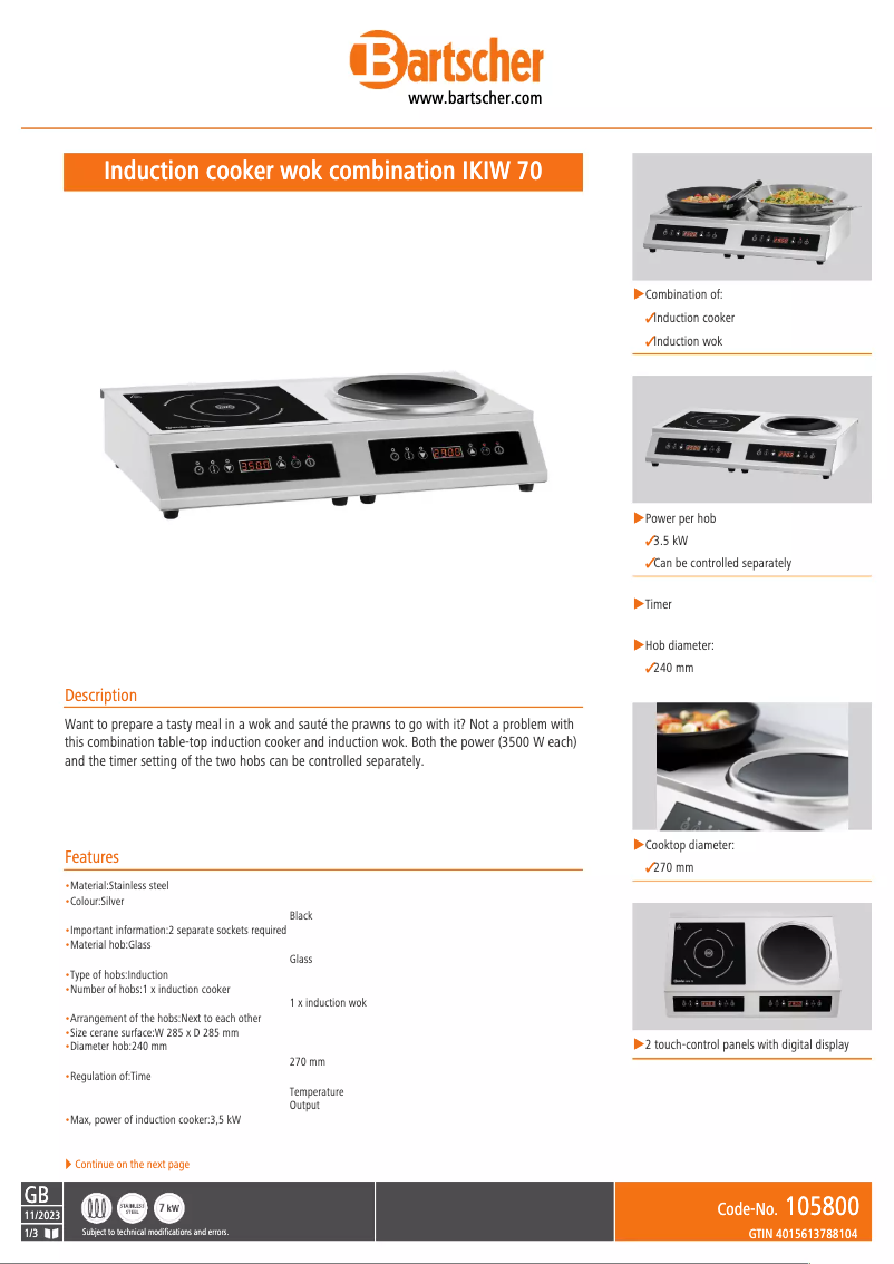 Page n°1 - Fiche technique Bartscher IKIW 70