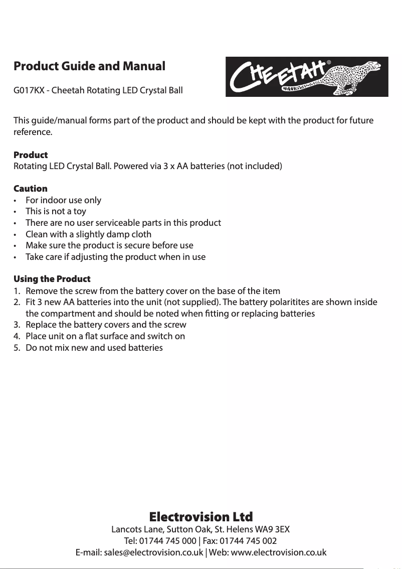 Page n°1 - Manuel utilisateur Cheetah G017KX