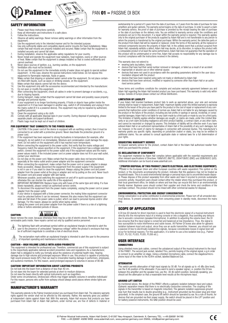 Page 1 de la notice Manuel utilisateur Palmer PAN 01