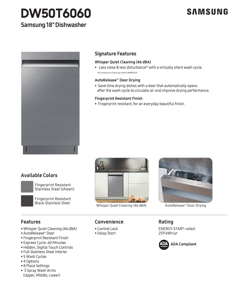 Page 1 de la notice Fiche technique Samsung DW50T6060US