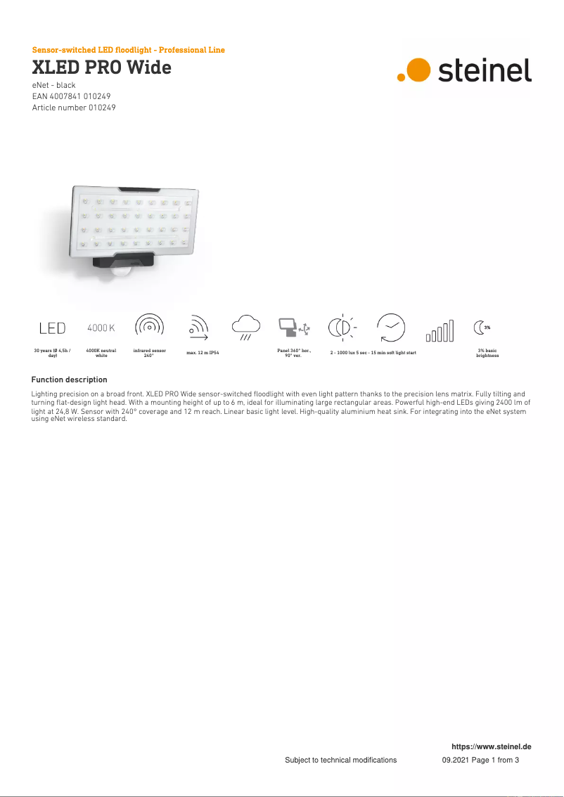 Page n°1 - Fiche technique Steinel XLED PRO Wide eNet
