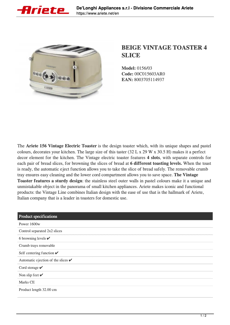 Page 1 de la notice Fiche technique Ariete Vintage 156