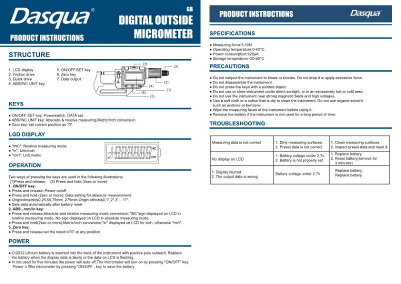 Page n°1 - Manuel utilisateur Dasqua SB-037