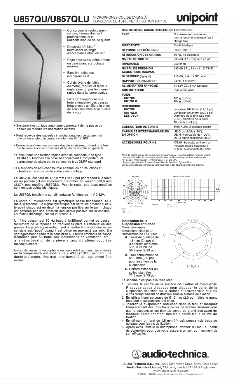 Page 1 de la notice Fiche technique Audio-Technica U857Q