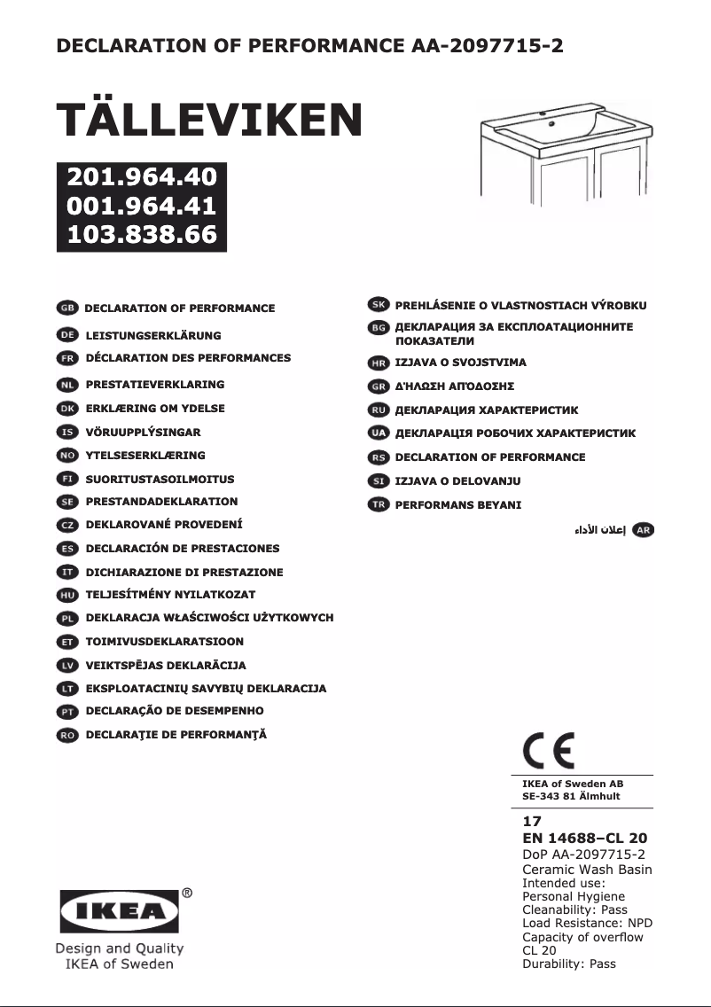 Page 1 de la notice Mode d'emploi Ikea TALLEVIKEN