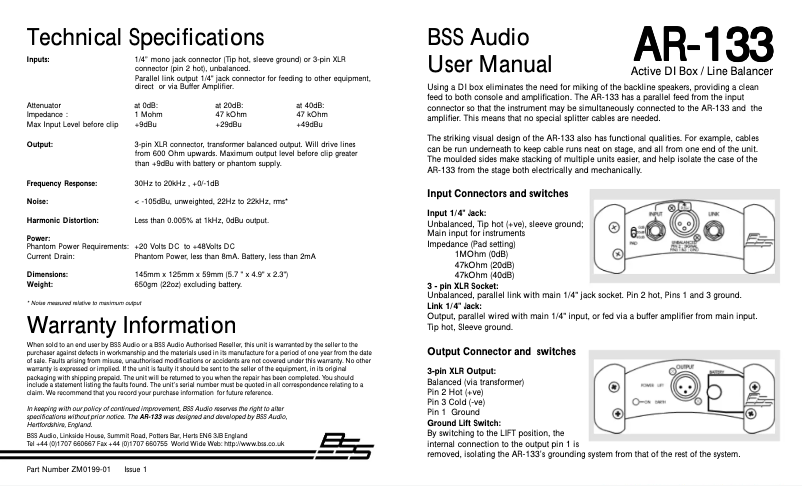 Page 1 de la notice Manuel utilisateur BSS Audio AR-133
