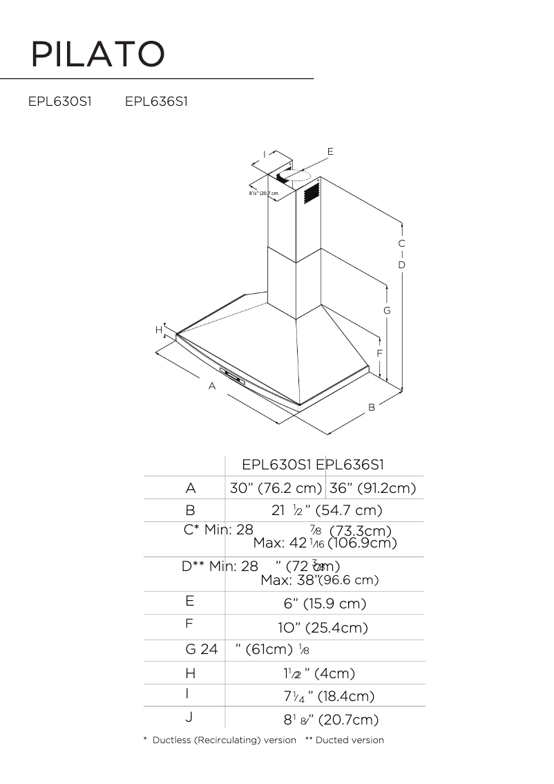 Page 1 de la notice Dessin technique Elica Pilato EPL636S2