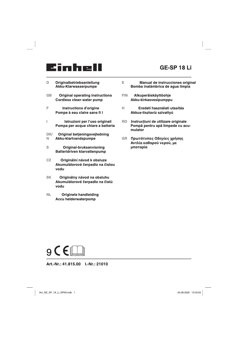 Page n°1 - Manuel utilisateur Einhell GE-SP 18 Li