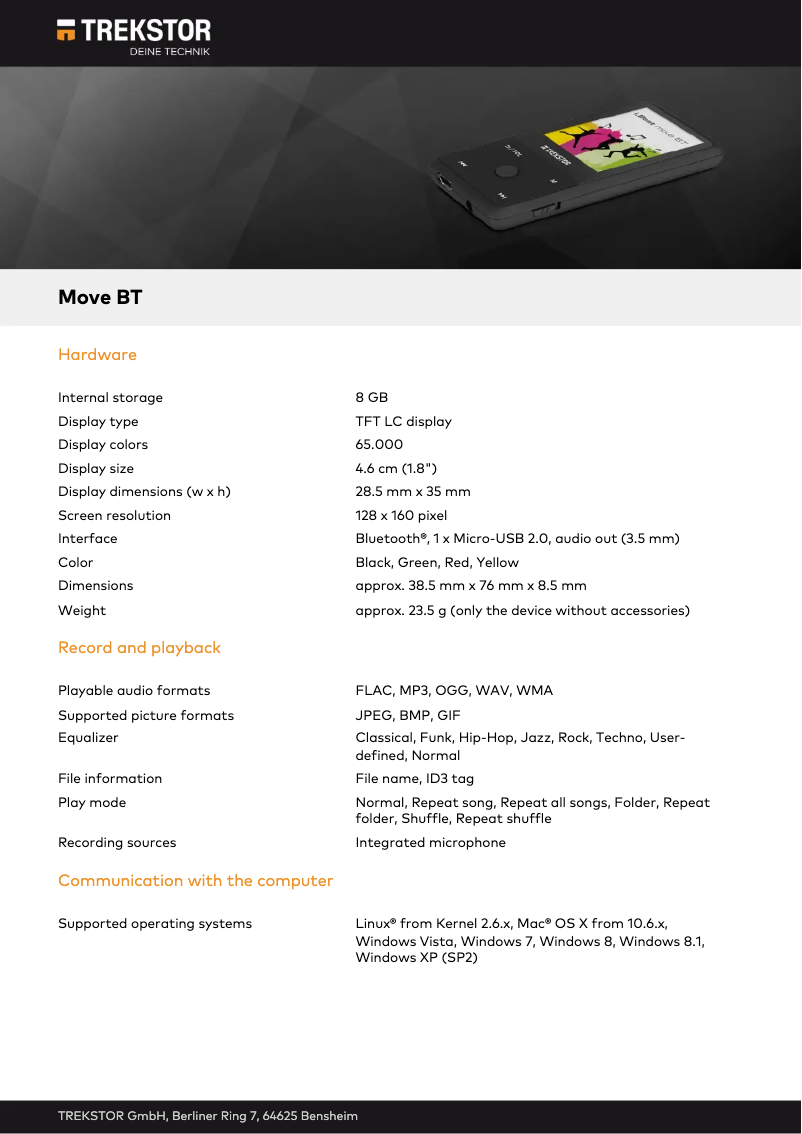 Página 1 del manual Ficha técnica TrekStor Move BT