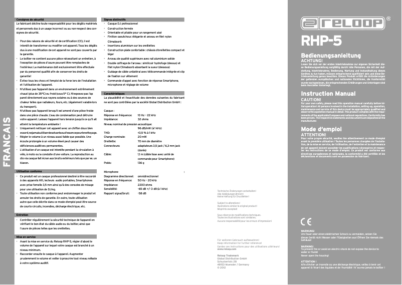 Page n°1 - Manuel utilisateur Reloop RHP-5