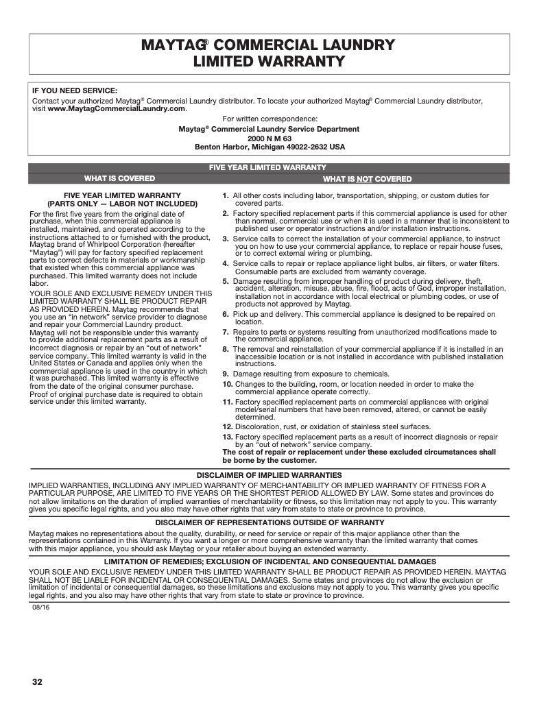 Page 1 de la notice Informations de garantie Maytag MLE27PDBYW
