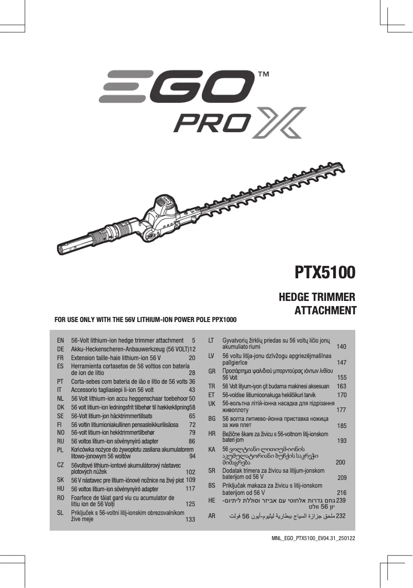Page 1 de la notice Manuel utilisateur EGO PTX5100