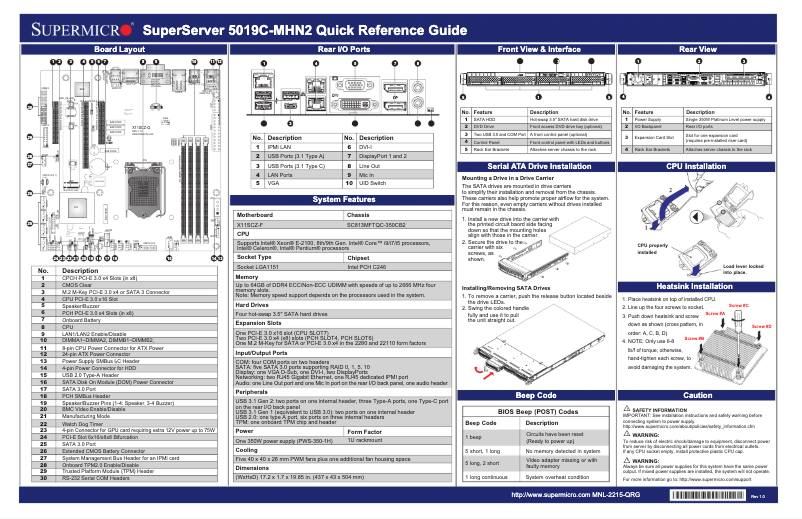 Page 1 de la notice Guide de démarrage rapide Supermicro SuperServer 5019C-MHN2