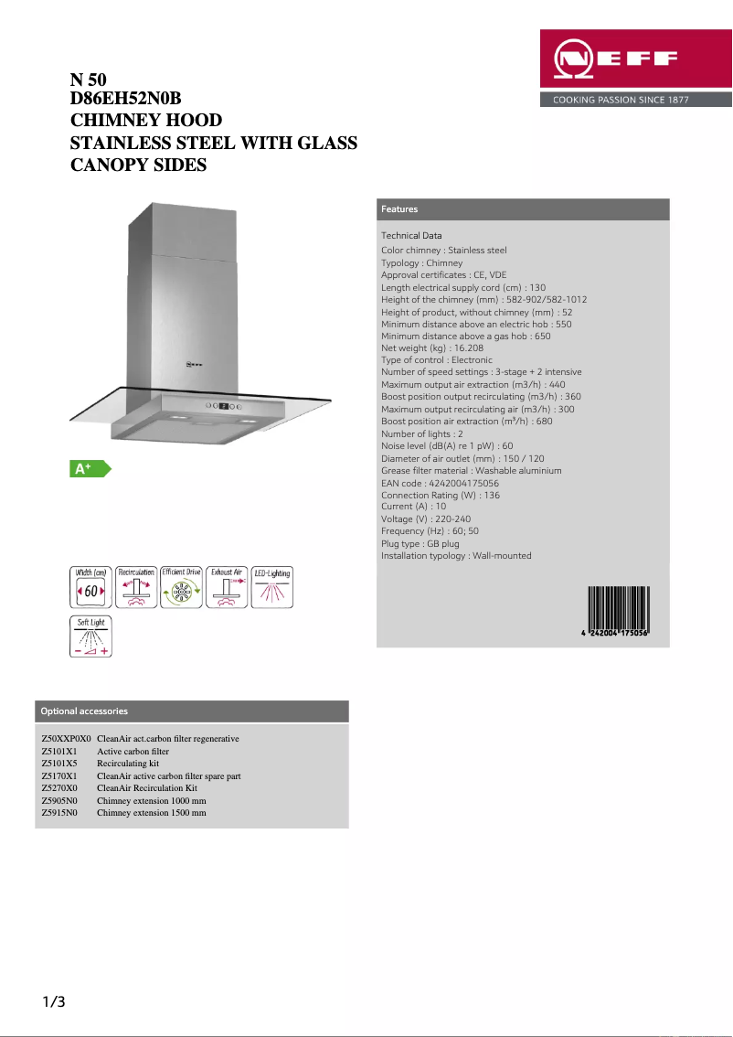 Page 1 de la notice Fiche technique Neff D86EH52N0B