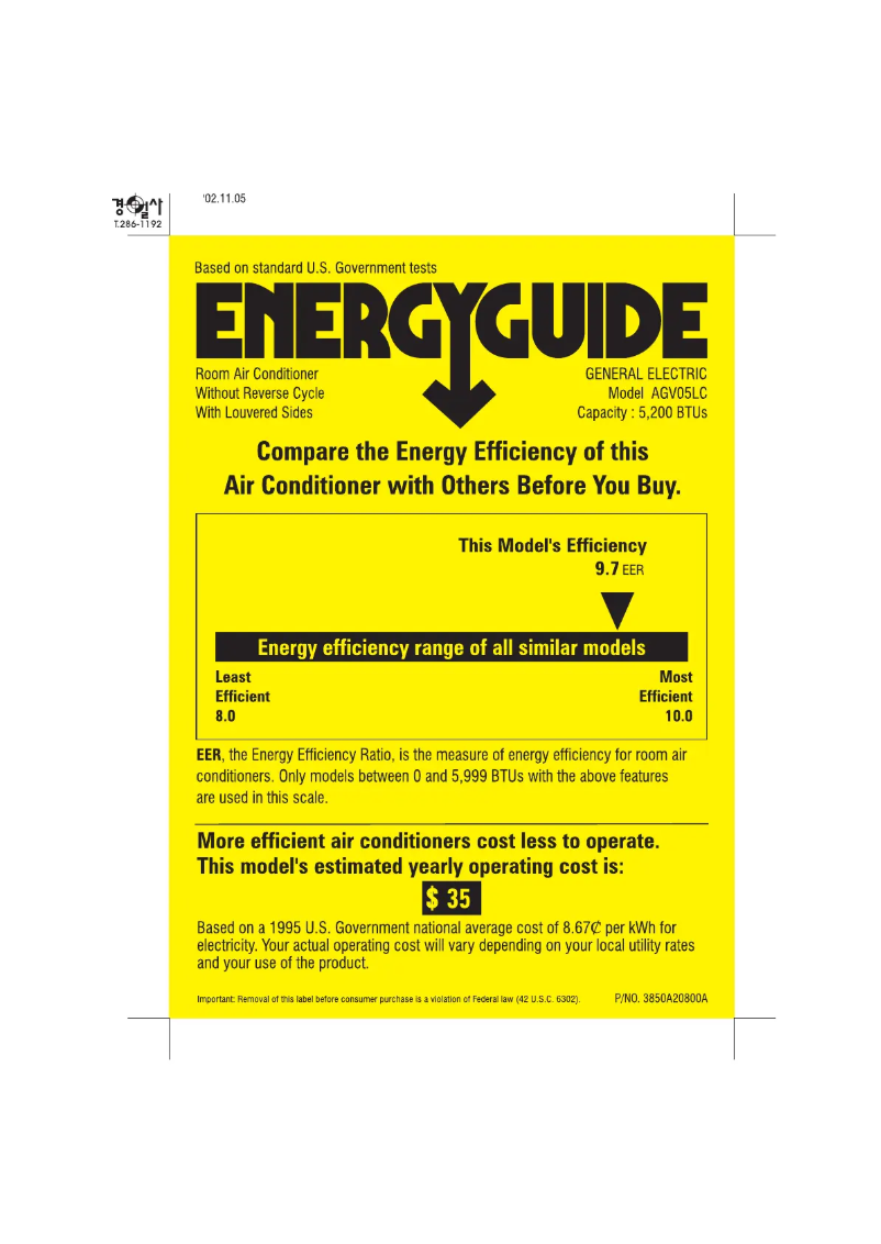 Página 1 del manual Etiqueta energética GE AGV05LC