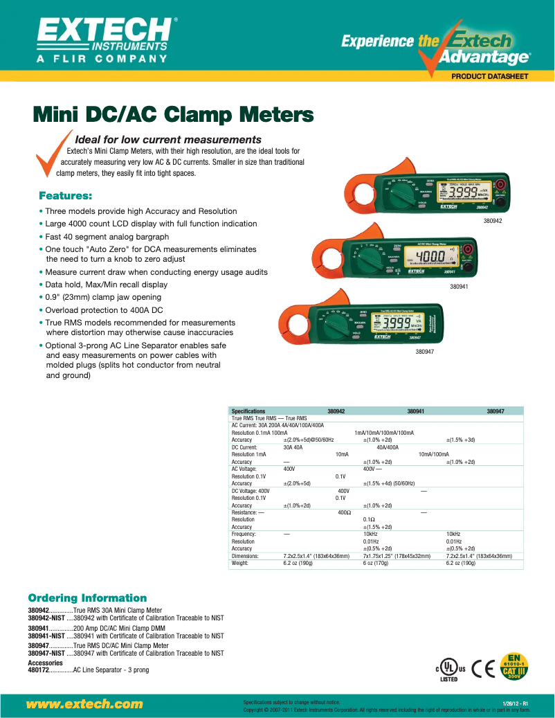 Page 1 de la notice Fiche technique Extech 380941