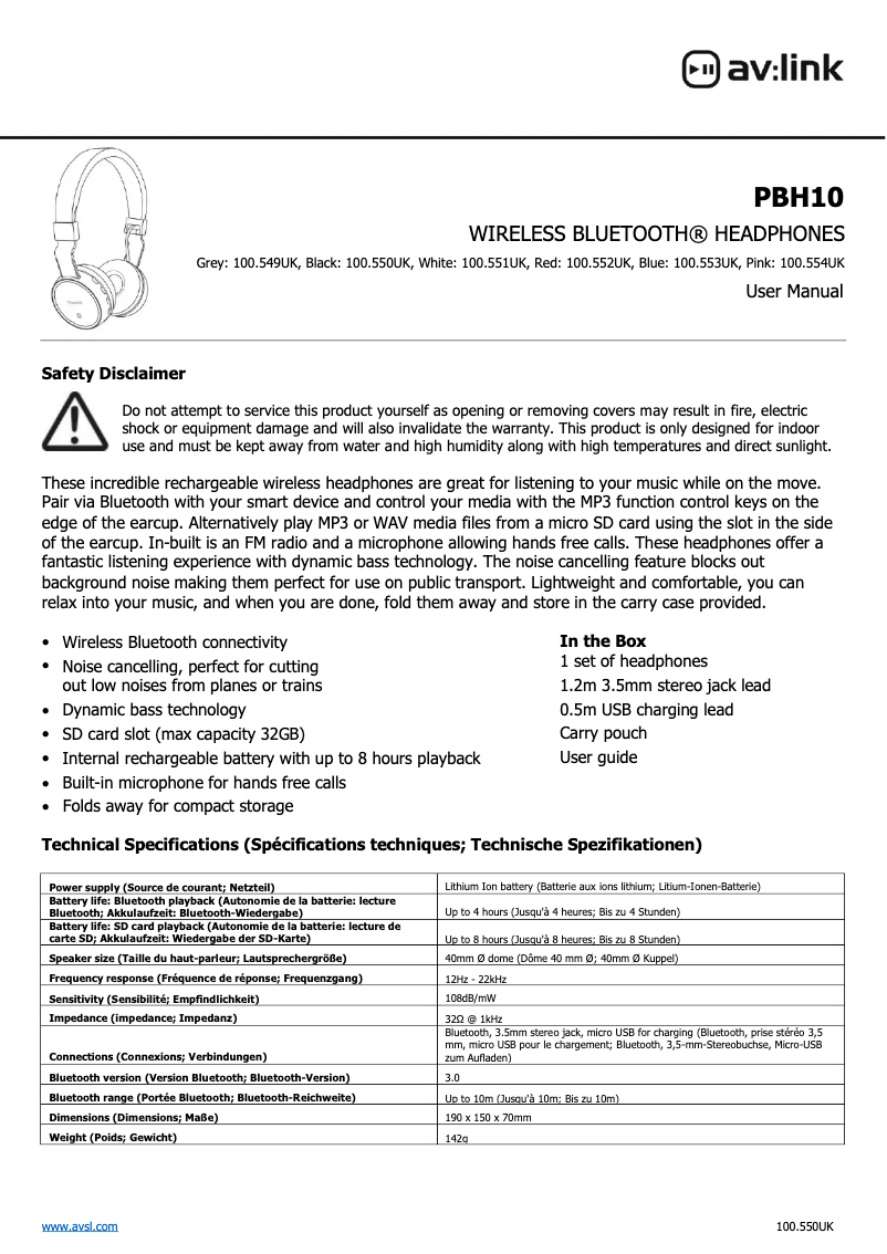 Page 1 de la notice Manuel utilisateur AV:link PBH10