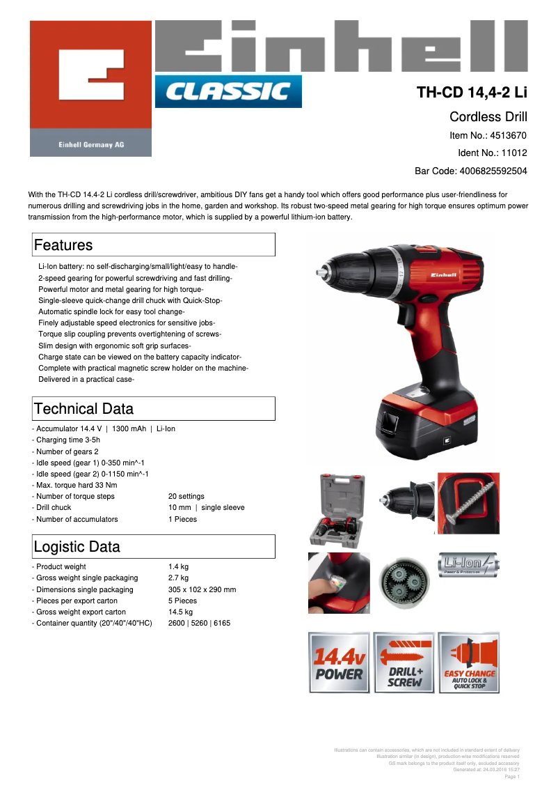 Page n°1 - Fiche technique Einhell TH-CD 14,4-2 Li