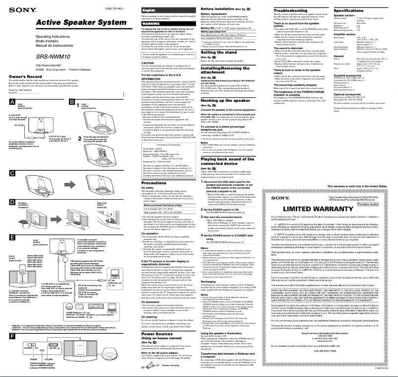 Image de la première page du manuel de l'appareil SRS-NWM10