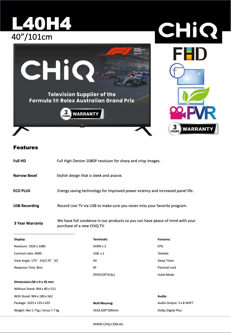 Page 1 de la notice Fiche technique CHiQ L40H4