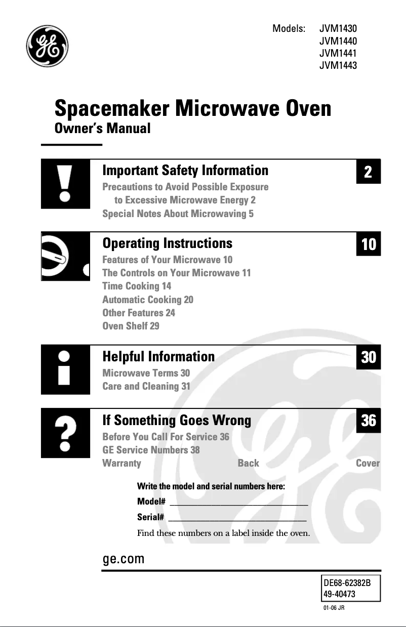 Page 1 de la notice Manuel d'utilisation et d'entretien GE JVM1441SH