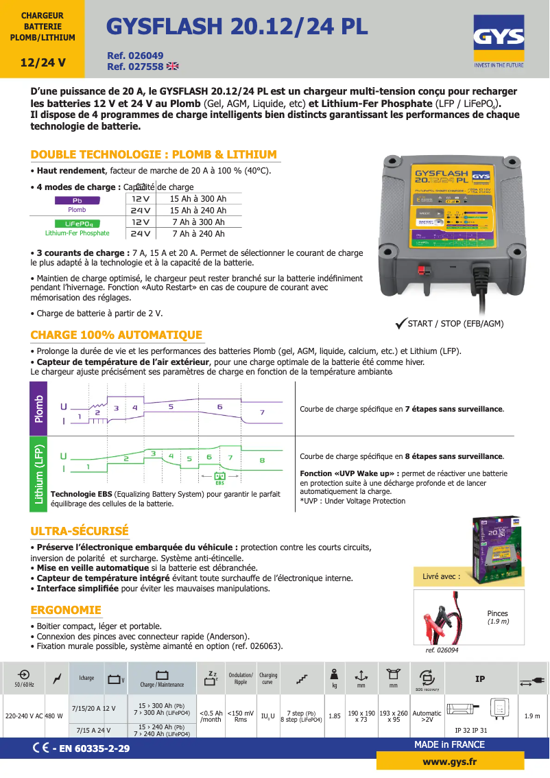 Page 1 de la notice Fiche technique GYS Gysflash 20.12/24 PL