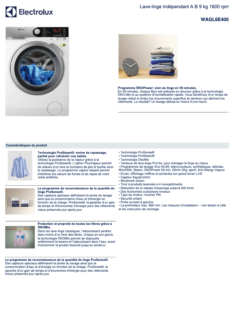 Page 1 de la notice Fiche technique Electrolux WAGL6E400