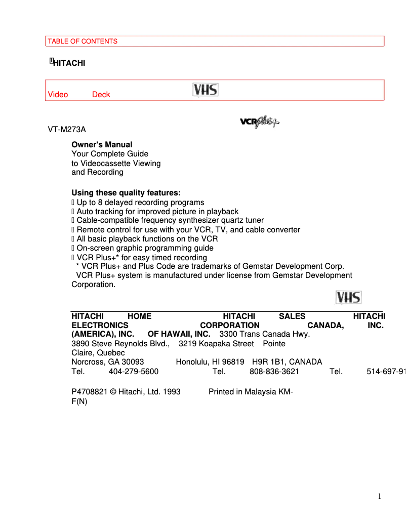 Page n°1 - Manuel utilisateur Hitachi VT-M273A