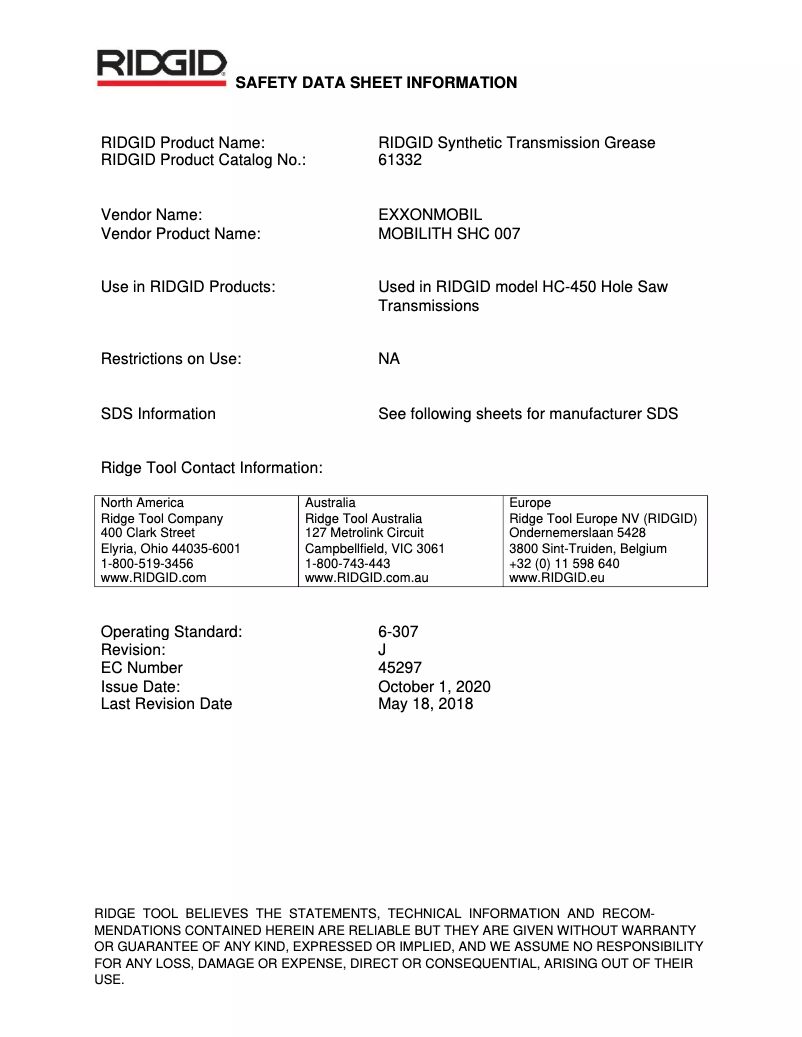 Page n°1 - Fiche technique Ridgid HC-450