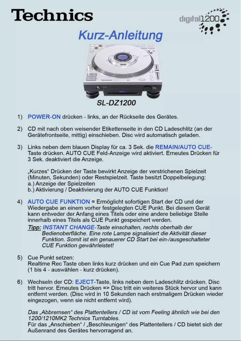 Page n°1 - Manuel utilisateur Technics SL-DZ1200