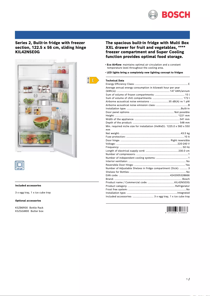 Page 1 de la notice Fiche technique Bosch KIL42NSE0G