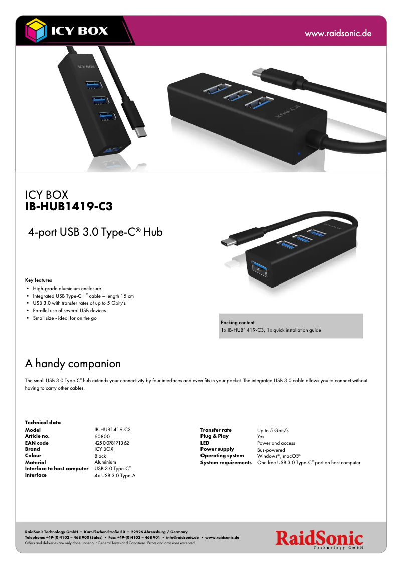 Página 1 del manual Ficha técnica Icy Box IB-HUB1419-C3