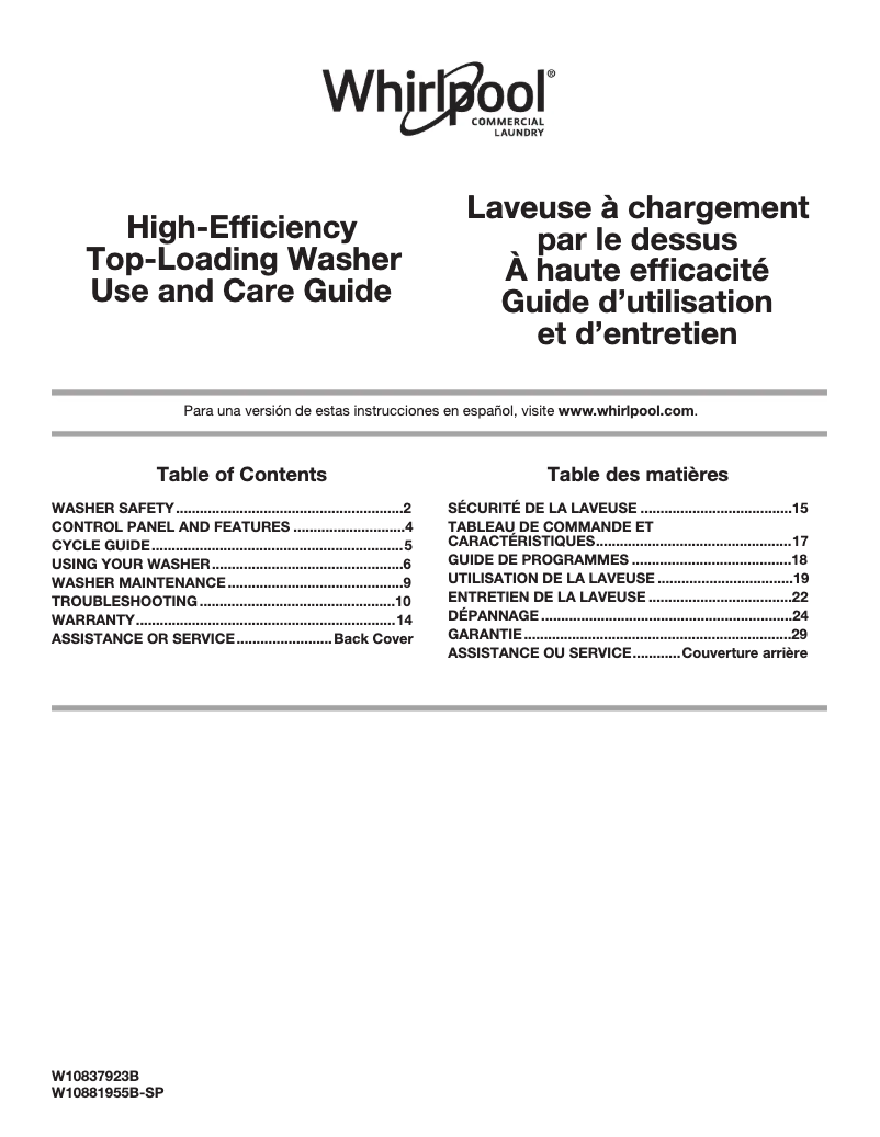 Page 1 de la notice Manuel d'utilisation et d'entretien Whirlpool CAE2745FQ