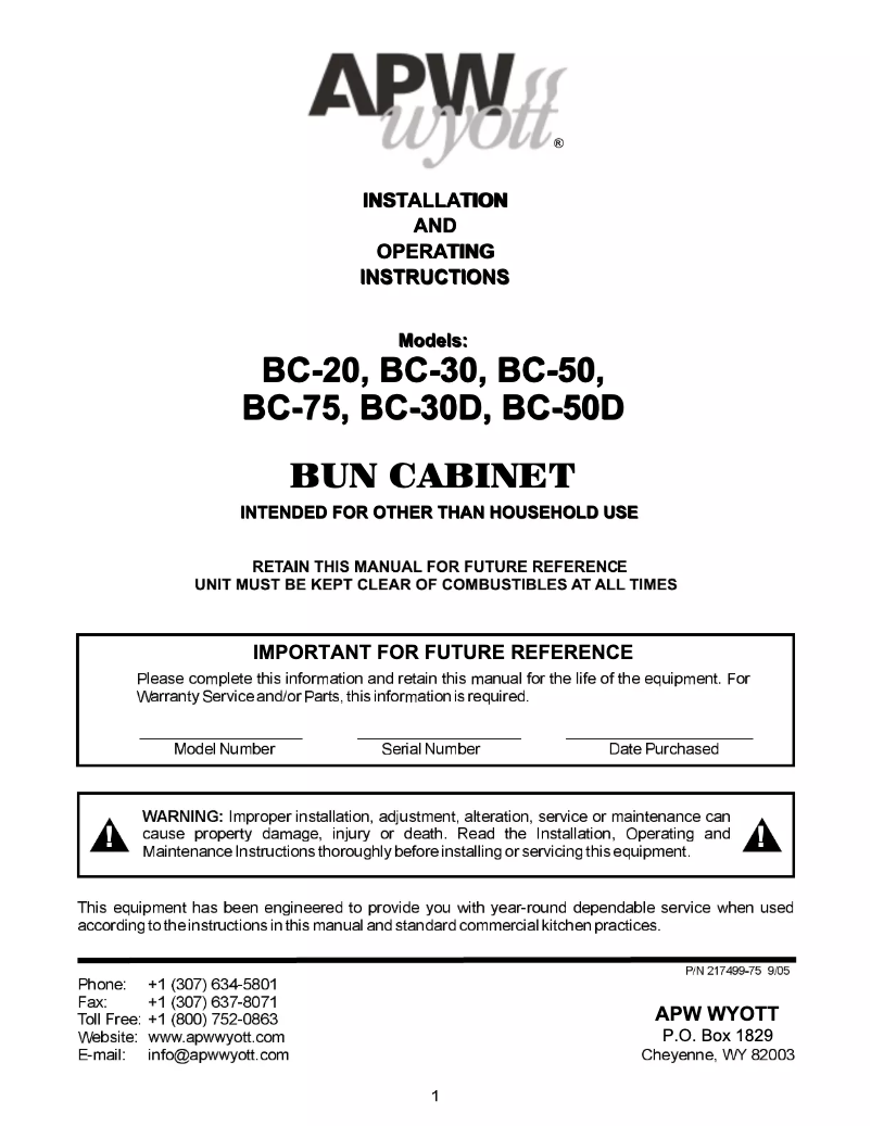 Page n°1 - Manuel utilisateur APW Wyott BC-50