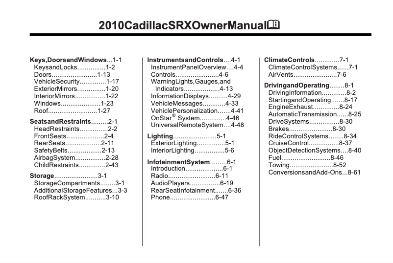 Page 1 de la notice Manuel utilisateur Cadillac SRX Crossover (2010)