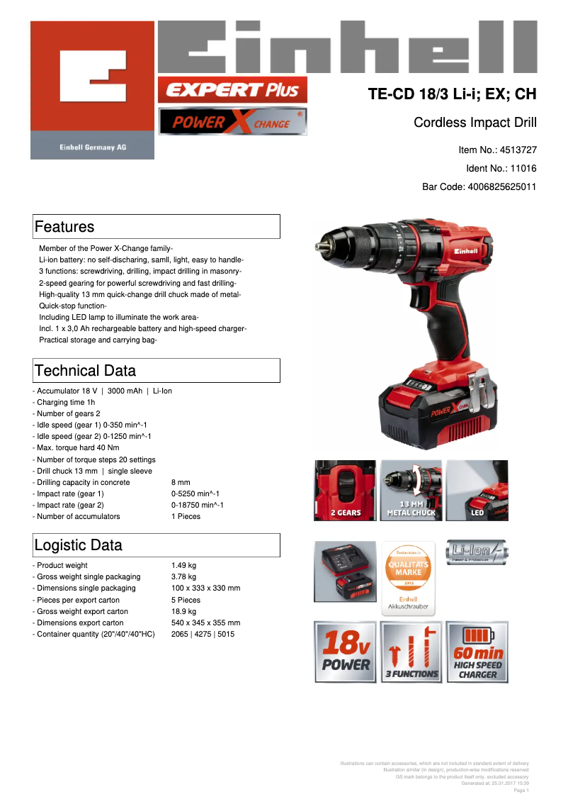 Page n°1 - Fiche technique Einhell TE-CD 18/3 Li-i