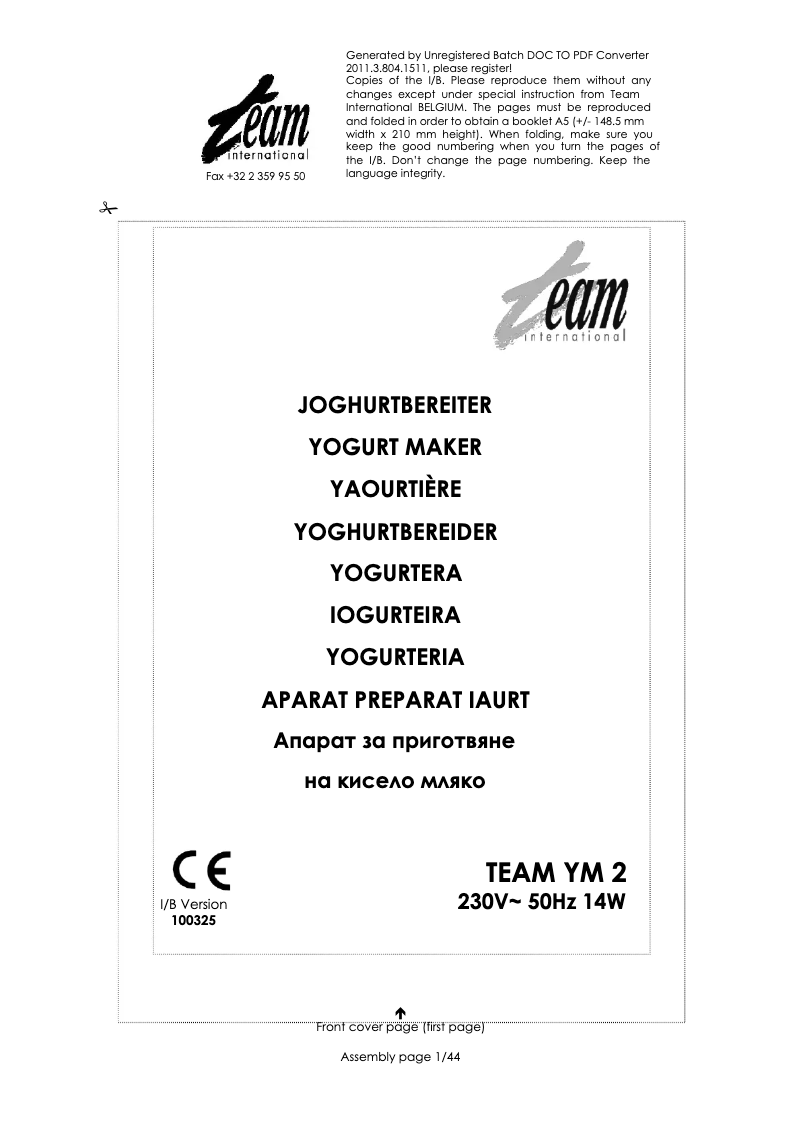 Image de la première page du manuel de l'appareil YM 2