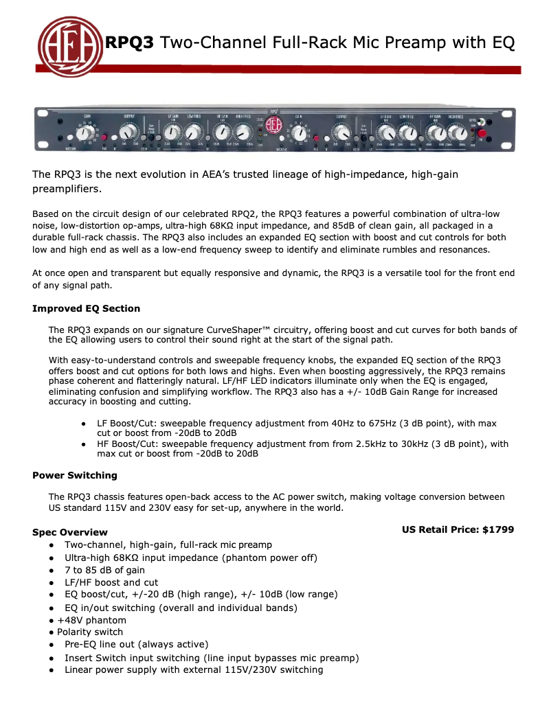 Page 1 de la notice Fiche technique AEA RPQ3