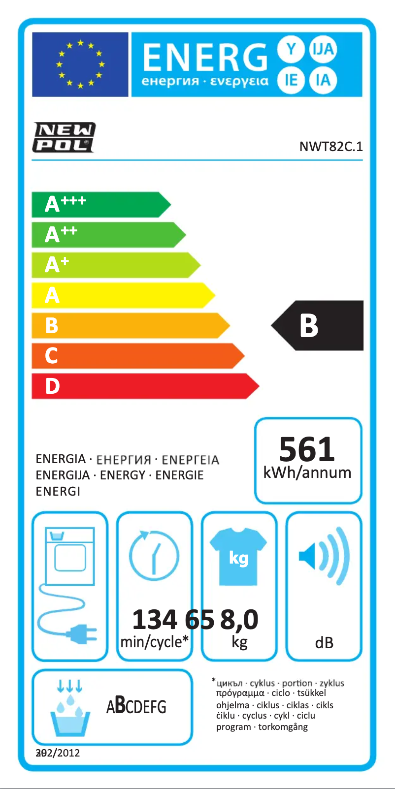 Page 1 de la notice Label énergétique New Pol NWT82C.1