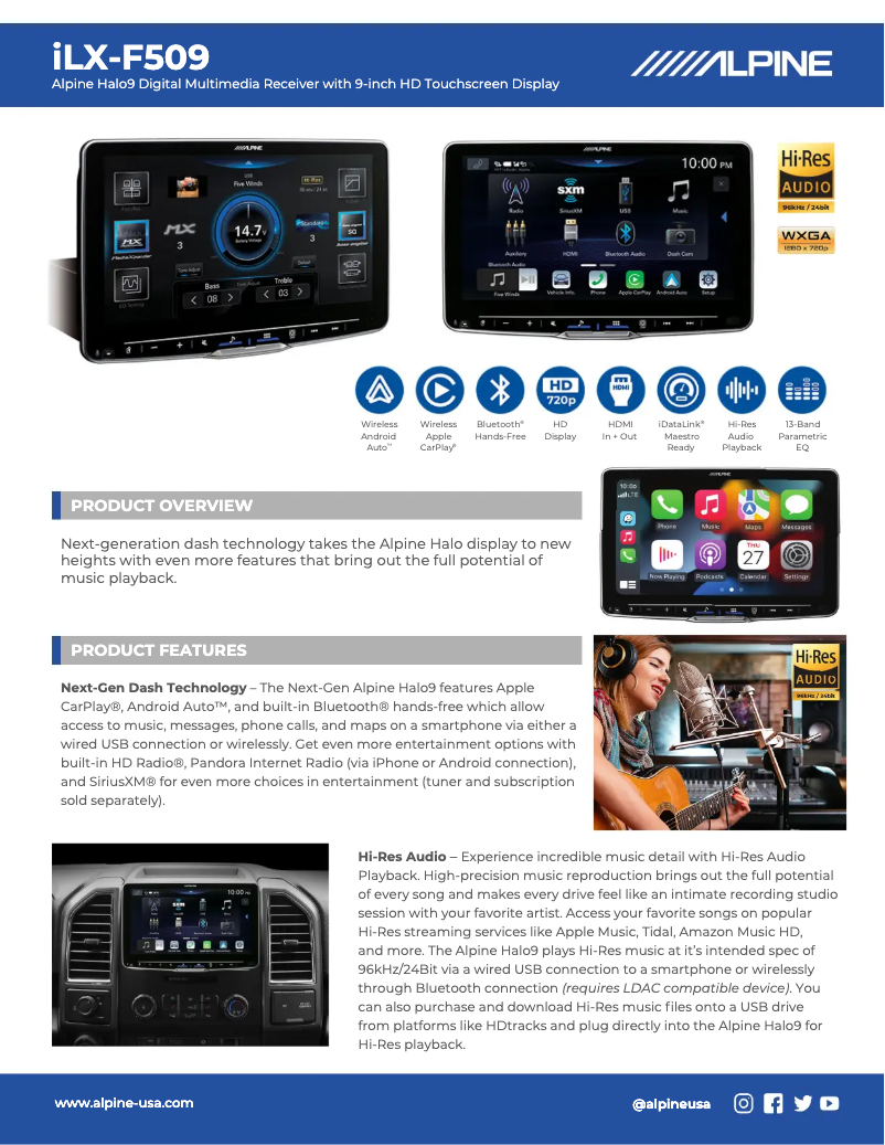Page 1 de la notice Fiche technique Alpine Halo9 iLX-F509