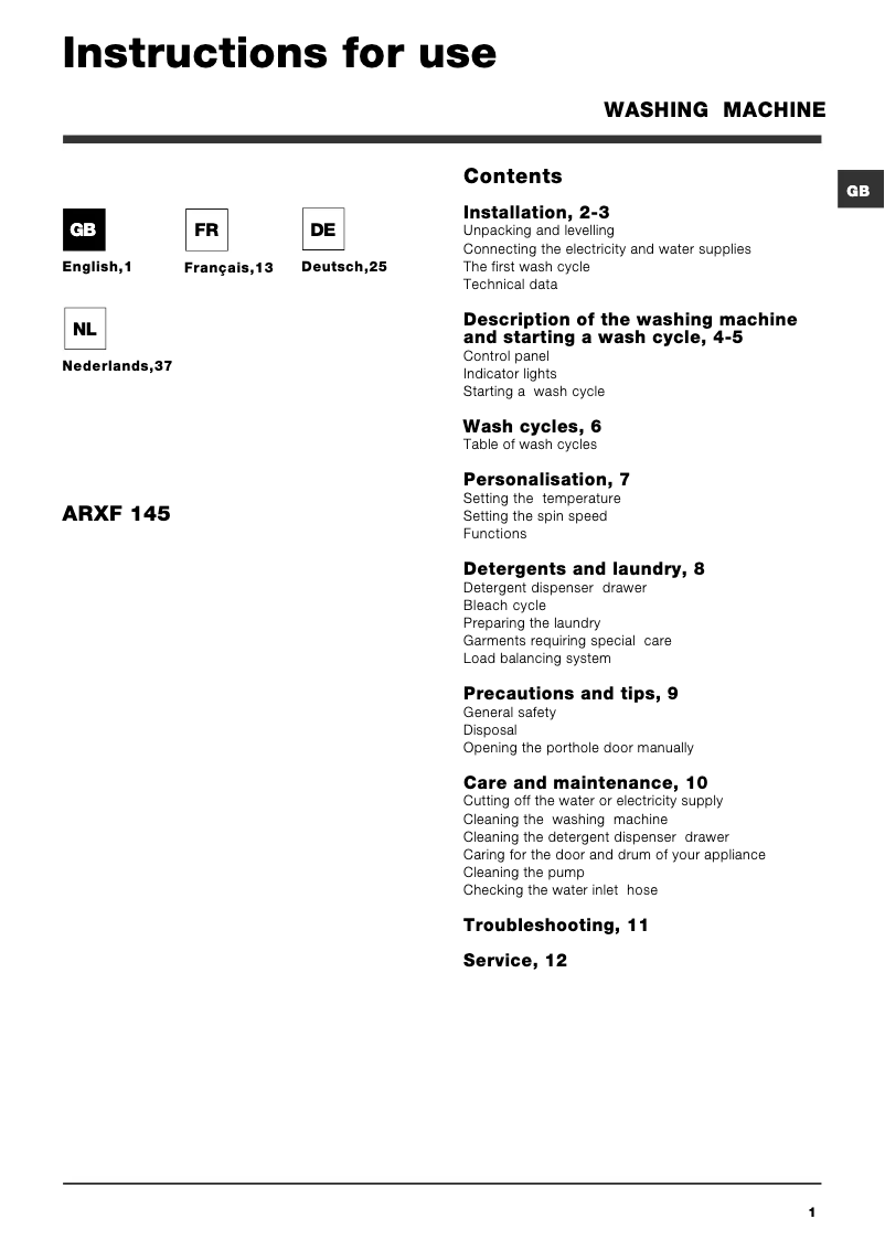 Page 1 de la notice Manuel utilisateur Hotpoint Ariston ARXF 145