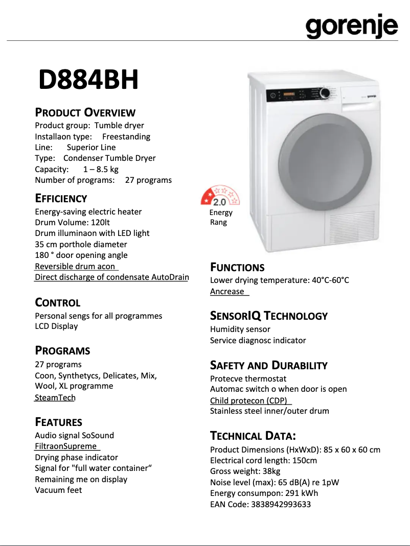 Image de la première page du manuel de l'appareil D884BH